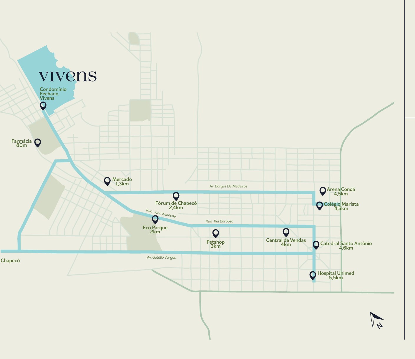 Mapa de localização do Vivens com distâncias até mercados, escolas e serviços de Chapecó